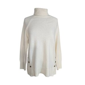 Michael Kors Decorative Button Oversized White Turtleneck Sweater